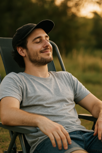Man enjoying hybrid weed effects with relaxed body and clear mind at sunset